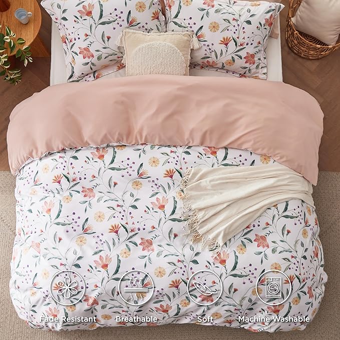 Bedsure Duvet Cover Queen Size - Reversible Floral Duvet Cover Set with Zipper Closure, 3 Pieces Pale Blush Bedding Set with 8 Corner Ties and 2 Pillow Shams 20"x26"