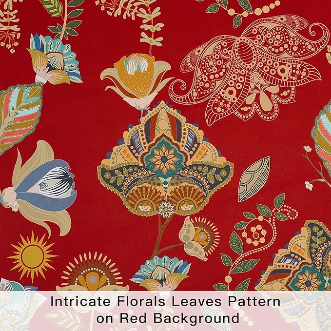 XiDi Red Floral Curtains 108 Inches Long 2 Panels 100% Blackout Vintage Botanical Leaf Patterned Curtains for Living Dining Room Thermal Insulated Room Darkening Luxury Colorful Drapes Grommet 52x108