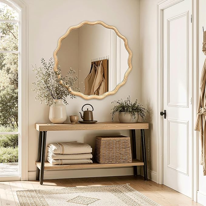 Circle Wood Mirrors for Wall, Wavy Round Bathroom Scalloped Mirror Wooden Frame 28 Inch for Living Room Farmhouse Bedroom Hallway Entryway Living Room with Shatterproof Glass Wall Mounted