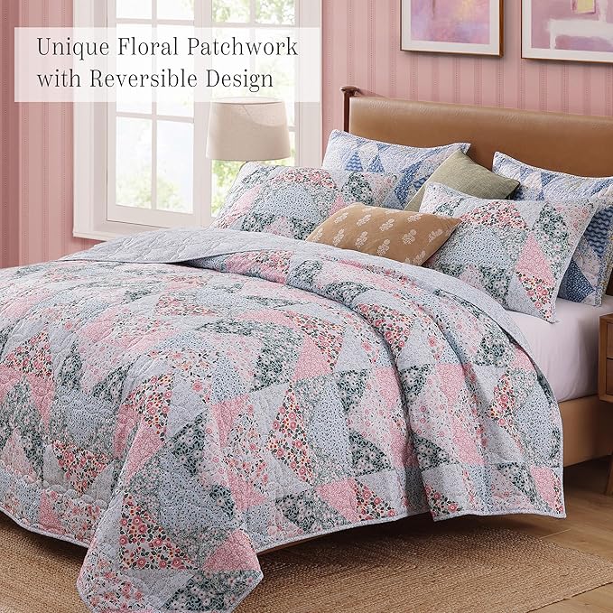 Quilt Set King Size, Patchwork Pink Floral Quilt Sets, Reversible Bedspread Lightweight and Breathable for All Seasons, Soft Quilted Bedspread with 2 Pillow Shams
