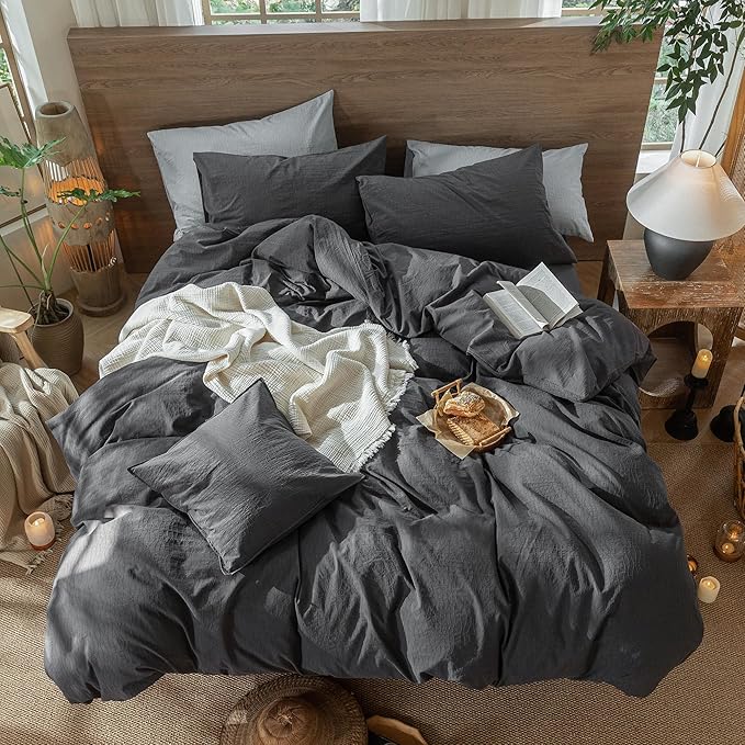 MooMee Wavy Striped Duvet Cover Set 100% Washed Cotton Linen Like Textured Breathable Durable Soft Comfy (Charocal Grey, Super Queen 90"x98")