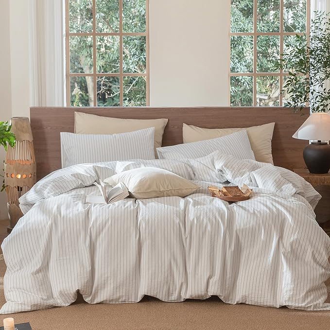 MooMee Striped Duvet Cover Set 100% Washed Cotton Linen Like Textured Breathable Durable Soft Comfy (White Cornflower Blue Wide Stripes, Super King 108"x98")