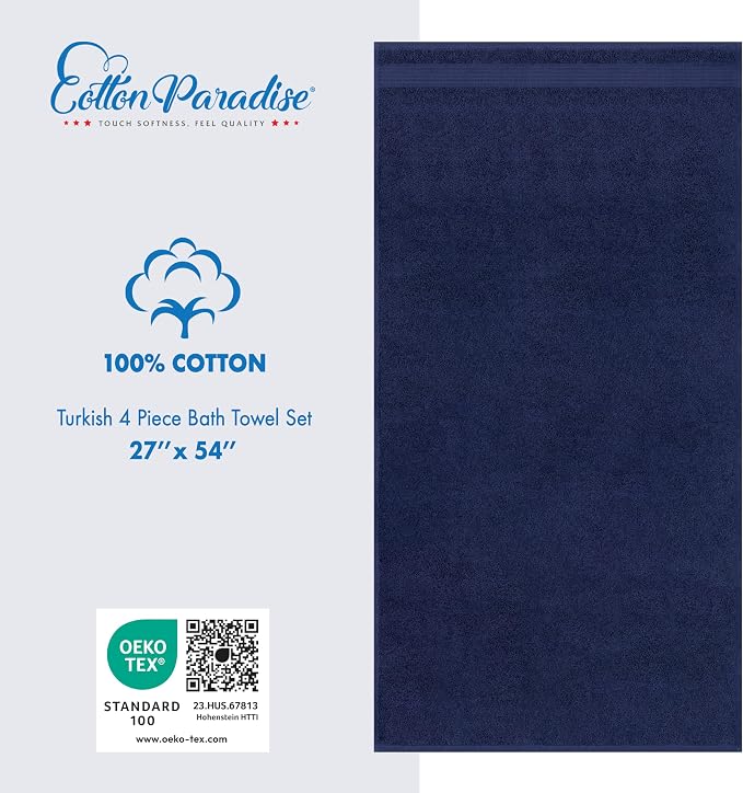 Cotton Paradise 4 Piece Turkish Bath Towels for Bathroom, 100% Cotton Extra Large Soft Plush Towels Bathroom Set, Navy Blue