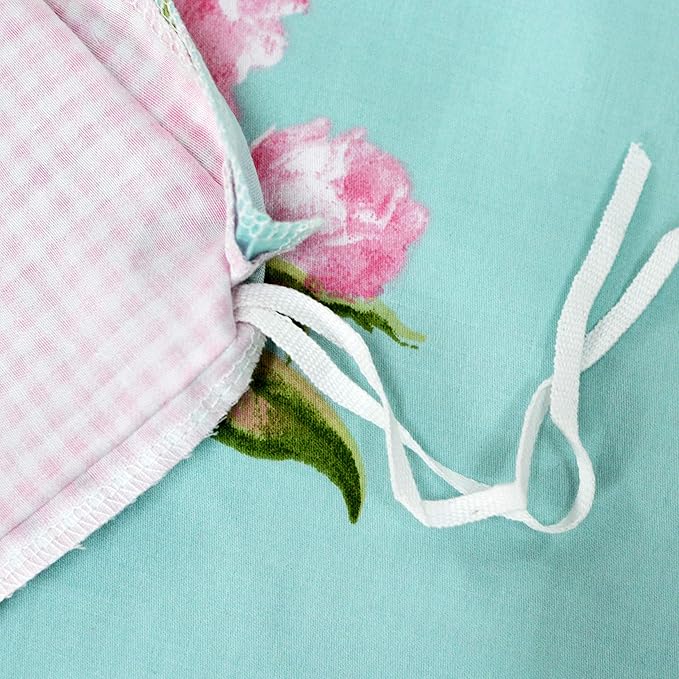 FADFAY Shabby Floral Duvet Cover Set Pink Grid Cotton Farmhouse Bedding with Hidden Zipper Closure 3 Pieces, 1duvet Cover & 2pillowcases,Queen Size