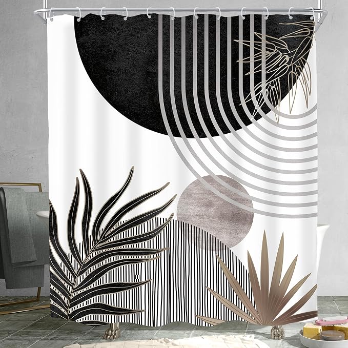 KOMLLEX Mid Century Black Grey Boho Shower Curtain 60Wx72L Inches Abstract Modern Shower Curtains for Bathroom Decor Plant Dark Grey Minimalist Arch Sun Fabric Liner Waterproof Polyester 12 Pack Hooks