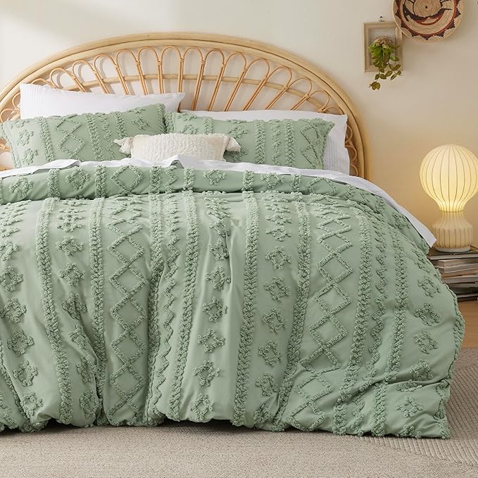 Bedsure Boho Twin Duvet Cover, Soft & Comfortable Elegant Design Boho Bedding for Decoration, Machine Washable Comforter Cover for All Seasons,Includes 1 Duvet Cover & 1 Pillow Sham,Light Green
