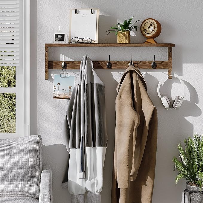 AMBIRD Coat Rack Wall Mount with Shelf, 28.9 Inches Coat Hooks Wall Mounted with 5 Hooks, Wall Hat Hooks for Hanging in Entryway, Living Room, Bathroom, Bedroom (Brown)