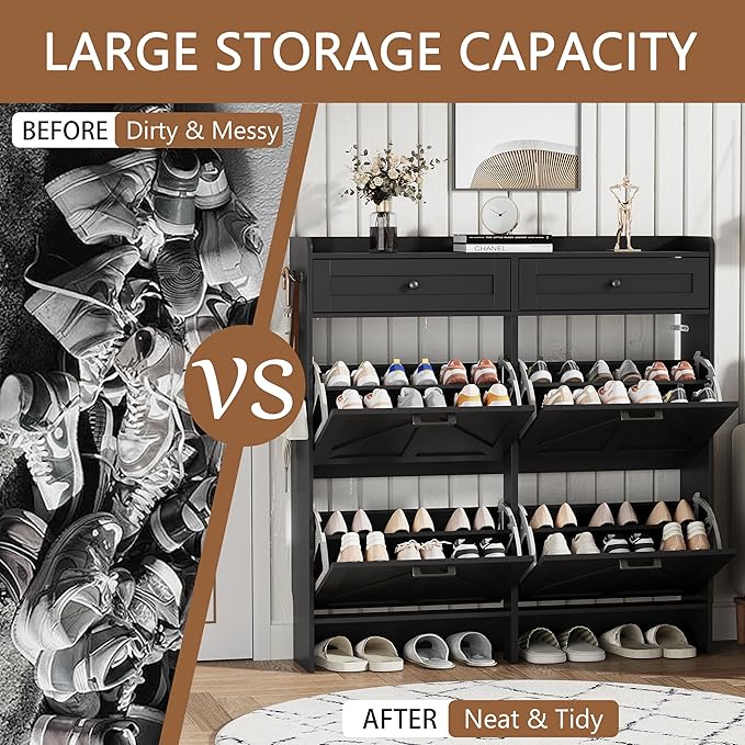 Shoe Cabinet with 4 Flip Drawers & 2 Top Drawers, 43" Tall Freestanding Narrow Wooden Shoe Storage Organizer for Entryway, Hidden Slim Shoe Rack for Front Door Entrance, Hallway, Living Room, Black