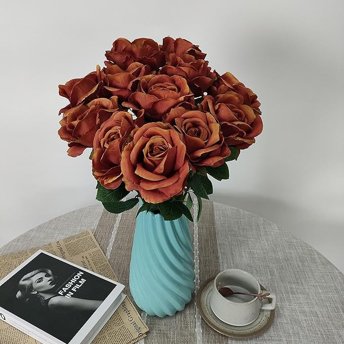 Fake Burnt Orange Roses Artificial Flowers,Floral Diameter 4'',20 Pcs Artificial Silk Roses Flowers with Stems for Wedding Arrangement Centerpieces Party Home Table Decorations (20, burnt orange )