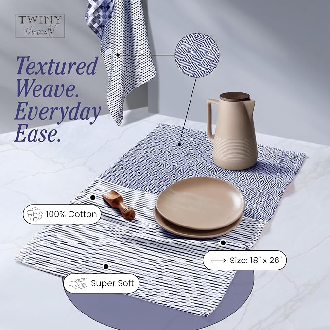 TWINY threads Dish Towel Diamond Design Assorted Colors, Premium Large 100% Cotton Kitchen Linen Set, Quick Drying Absorbent Wash Rags, Reusable Washable for Daily Cleaning, 4 Pack, 18"x26"