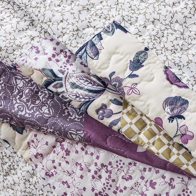 HoneiLife King Size Quilt Sets - 3 Pieces Microfiber Quilt Set Lightweight Bedspreads Reversible Coverlets Rustic Bed Cover King Quilt Bedding Set All Season Quilts-Beige & Purple
