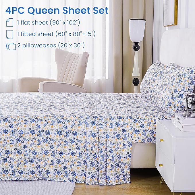Softan Vintage Blue Floral Queen Bed Sheets, Cozy Microfiber Flower Printed Sheets with 15" Deep Pocket Fitted Sheet & Non-Slip Straps, Patterned Floral in Blue & Amber Sheets & Pillowcase Set