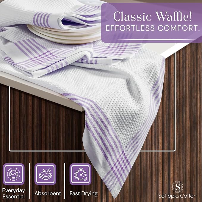 Waffle White & Lavender Kitchen Dish Towels 4 Pack, 100% Cotton, 16"x26", Thick Hand Towel for Drying Dishes, Quick Dry Washcloths, Perfect for Bar, Cooking, Serving, Cleaning