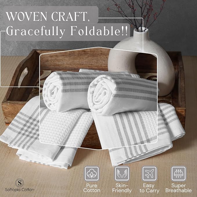 Waffle White & Grey Kitchen Towels 12 Pack, 100% Cotton, 16x26 inches, Quick Drying Dish Cloths, Absorbent Bar Mop Towels, Durable Kitchen Dishcloths Set for Daily Use