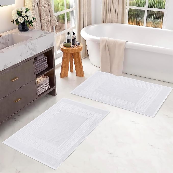 Superior Heavyweight Cotton Bath Mats, Bath Rugs For Bathroom Accessories, Washable Rug For Shower, Bath, Toilet, Modern Decor, No Backing, Luxury Hotel And Spa Quality, Set of 2, 22" x 35", White