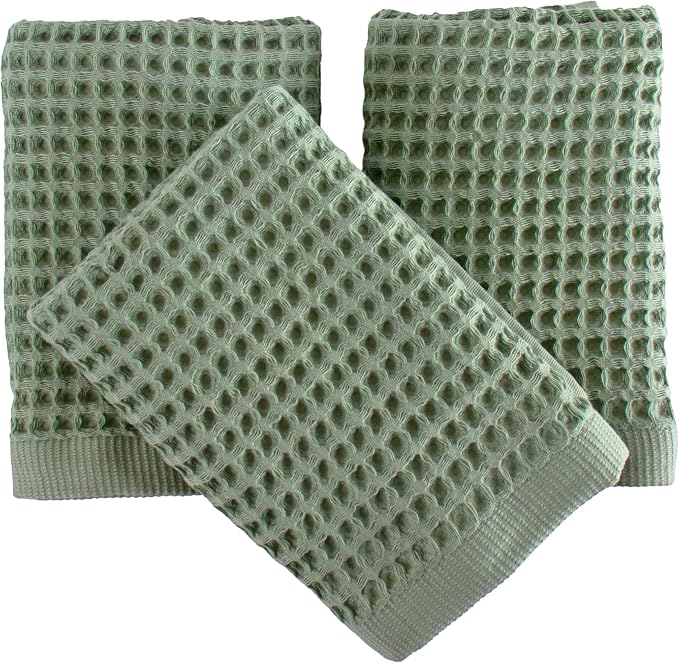 PÜSKÜL Natural 100% Turkish Cotton Waffle Kitchen Towels Set of 3 | Oeko-Tex, Premium Waffle Hand Towels for Bathroom | Soft Absorbent Quick-Dry Lint-Free Dish Towel Large 32x16 inch (3, Sage Green)
