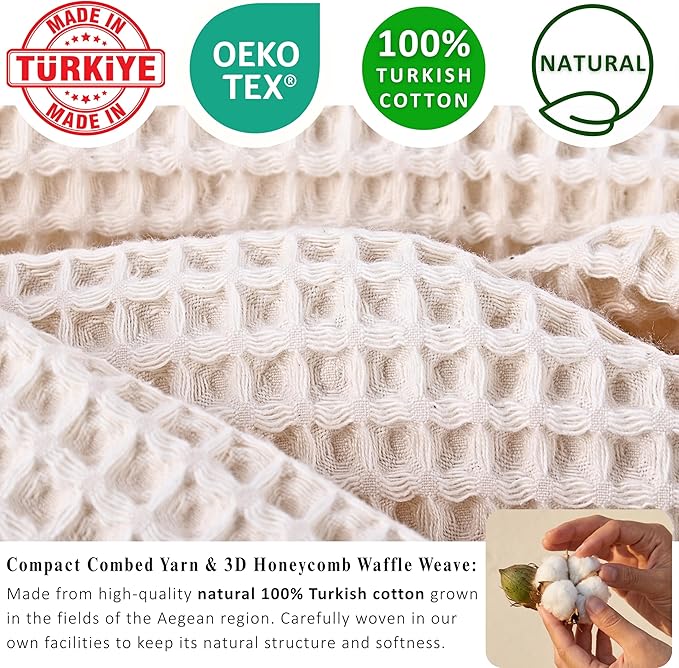 PÜSKÜL Organic Waffle Kitchen Towel Pure 100% Turkish Cotton Set of 3 Natural Raw-Undyed Towel - Premium Quality Soft Quick-Dry Absorbent Lint-Free Hand & Dish Towels Large 32X16 (3, Natural Beige)
