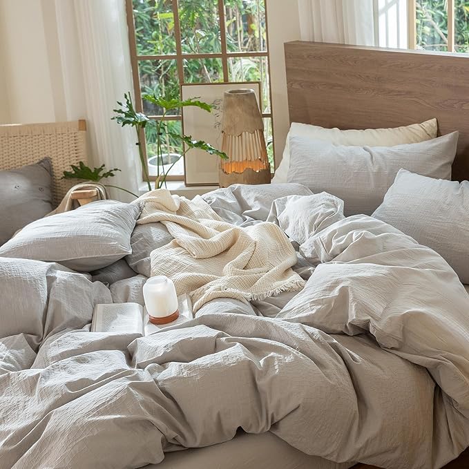 MooMee Wavy Striped Duvet Cover Set 100% Washed Cotton Linen Like Textured Breathable Durable Soft Comfy (Light Grey, Queen 90"x90")