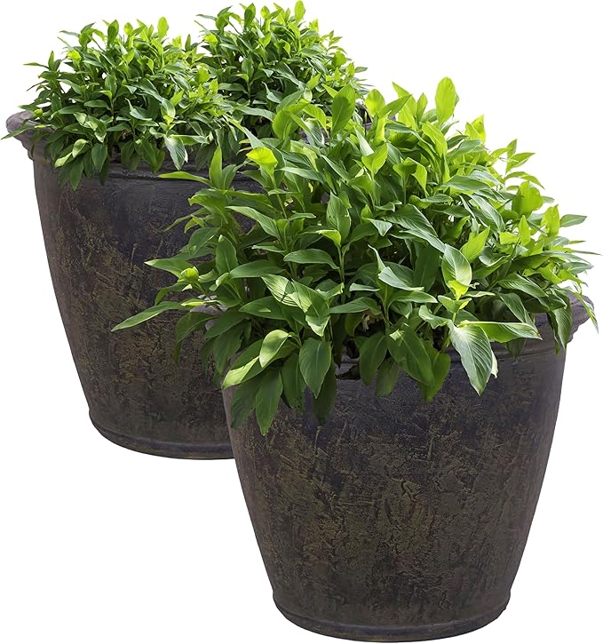 Sunnydaze 24-Inch Anjelica Large Plastic Pot for Plants - Double-Walled Outdoor Polyresin Round Planter Porch Pot with Drillable Drainage Holes - Sable - 2pk