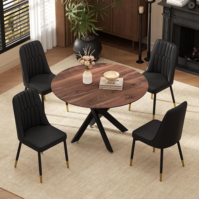 RGZ Mid Century Round Dining Table Set for 4, 36" Small Walnut Wooden Circle Kitchen Table & 4 Black PU Leather Kitchen Chairs, Dinner Table Set for Home, Apartment, Kitchen