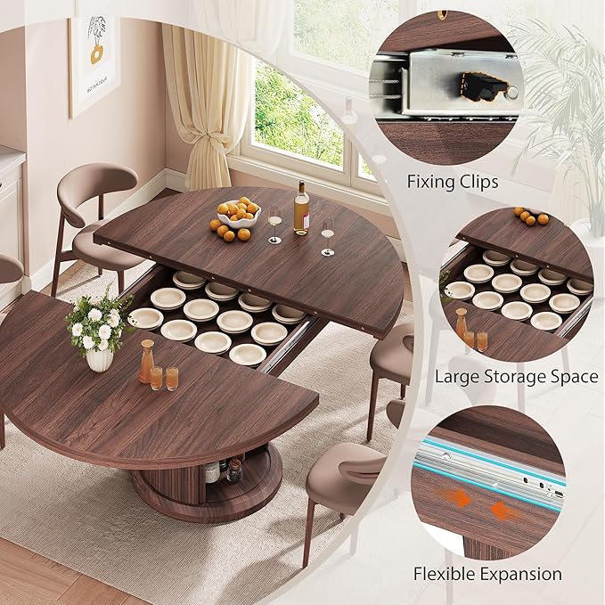 Jocoevol 47″–63″ Extendable Round Dining Table for 4–8 with Dust-Proof 2-Tier Storage Shelf Space-Saving Expandable Dining Room Table Wood Oval Circle Dining Table with Pedestal Base (Walnut)