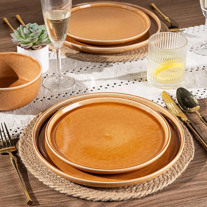GBHOME Ceramic Dinnerware Sets for 4, 12 Pieces Stoneware Plates and Bowls Sets, Scratch Resistant Dishes, Dishwasher & Microwave Safe, Reactive Glaze-Amber