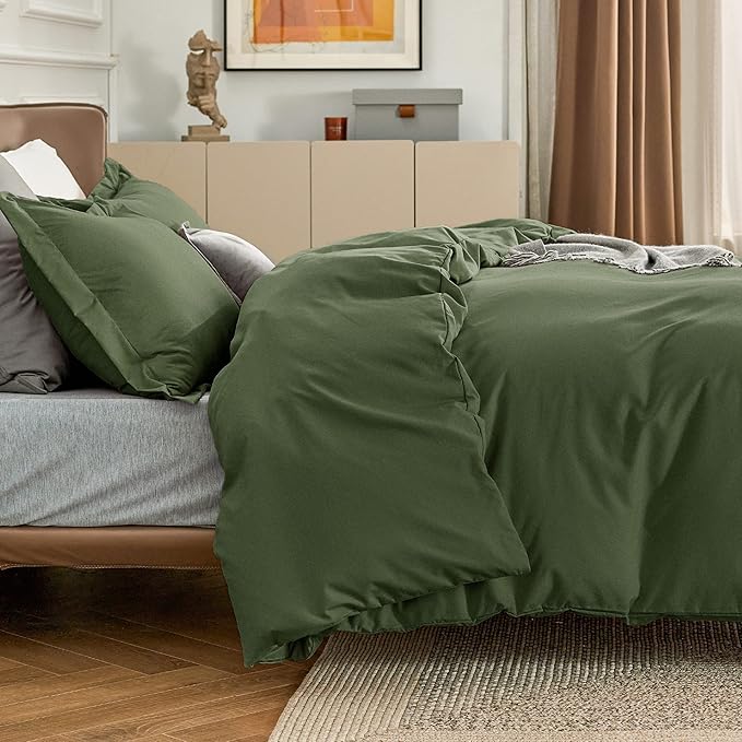 Bedsure Duvet Cover Queen Size - Soft Double Brushed Bedding Set for Kids & Adults, Zipper Closure, 3 Pieces, Includes 1 Duvet Cover (90"x90") & 2 Pillow Shams, NO Comforter, Olive Green