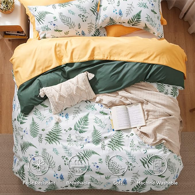 Bedsure Duvet Cover Queen Size - Reversible Plants Duvet Cover Set with Zipper Closure, 3 Pieces Green Bedding Set with 8 Corner Ties and 2 Pillow Shams 20"x26"