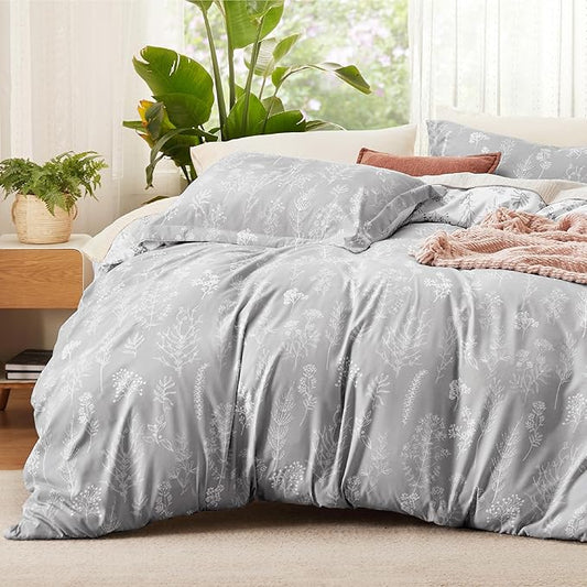 Bedsure Duvet Cover Queen Size - Reversible Grey Queen Duvet Cover Set with Zipper Closure, 3 Pieces Botanical Floral Patterned Bedding Set with 8 Corner Ties and 2 Pillow Shams