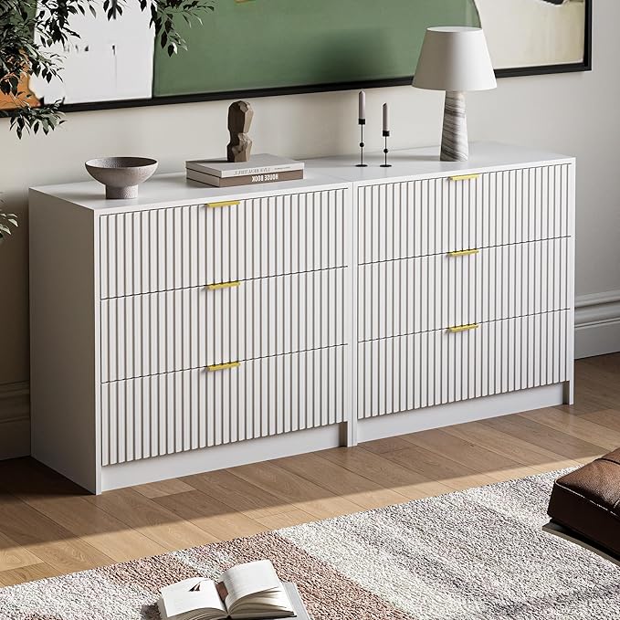 3-Piece Dresser Bedroom Set, 6 Drawer Dresser & 3 Drawer Nightstands with Gold Handles, Fluted Wood Chest of Drawers for Bedroom, Living Room, Entryway, White