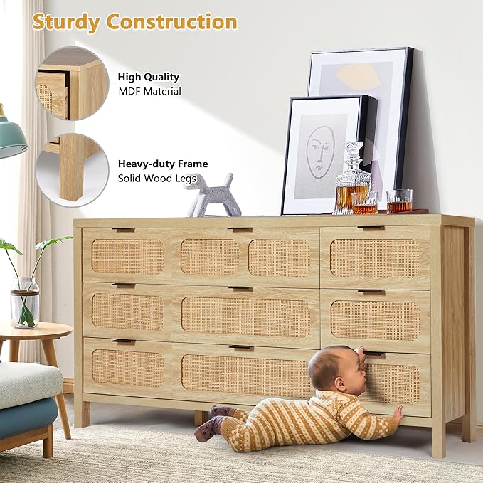 9 Drawer Dresser with Rattan Finish, Modern Farmhouse Chest of Drawers with Metal Handles, Accent Wood Dresser for Bedroom, Living Room (Natural)