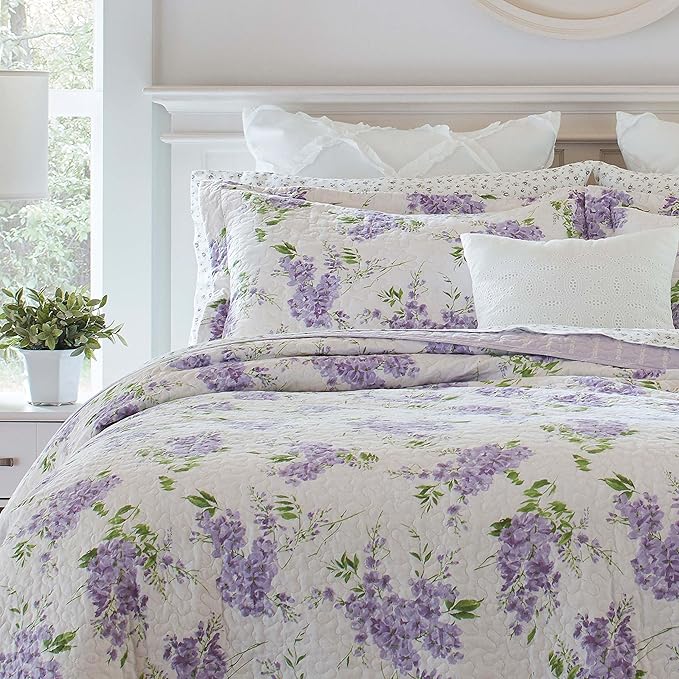 Laura Ashley - Twin Quilt Set, Reversible Cotton Bedding with Matching Sham, Lightweight Decor for All Seasons (Keighley Lilac, Twin)