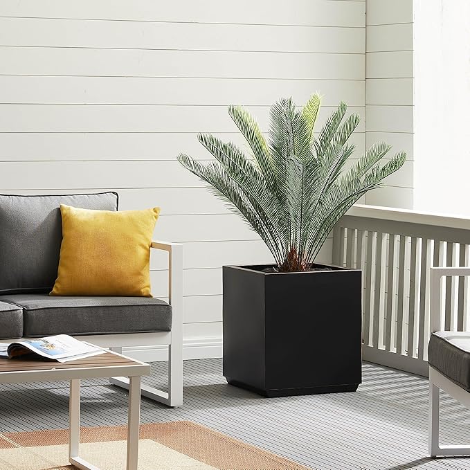 Wallowa Metallic Heavy Cube Planter Box, No Assembly Required, Seamless Large Black Outdoor Planter 17”Lx17”Wx20”H 24Pounds Black with Hand Brushed Gold Rim