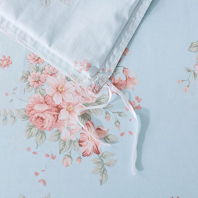 FADFAY Duvet Cover Set Queen Blue Rose Floral Bedding Rustic Peony Flower Comforter Cover Set Vintage Farmhouse Bedding 100% Cotton Ultra Soft Quilt Cover with Hidden Zipper Closure 3Pcs, Queen Size
