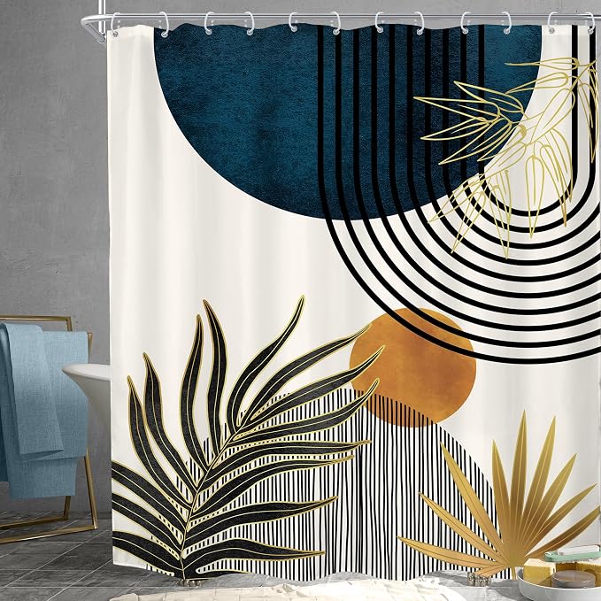 KOMLLEX Mid Century Blue Boho Shower Curtain 72Wx84L Inches Abstract Modern Blue Shower Curtains for Bathroom Decor Plant Botanical Minimalist Arch Sun Fabric Liner Waterproof Polyester 12 Pack Hooks