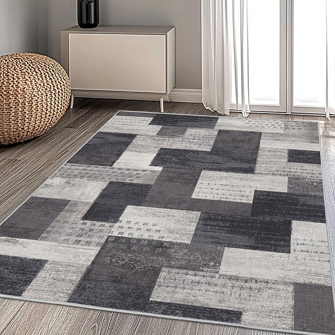 Modern Geometric Patchwork Indoor Area Rug for Living Room, Charcoal 6'x 9' Large Rug Rockwood Collection Hardwood Floors Decor for Bedroom, Grey Throw Carpet for Office Entryway Dining Room