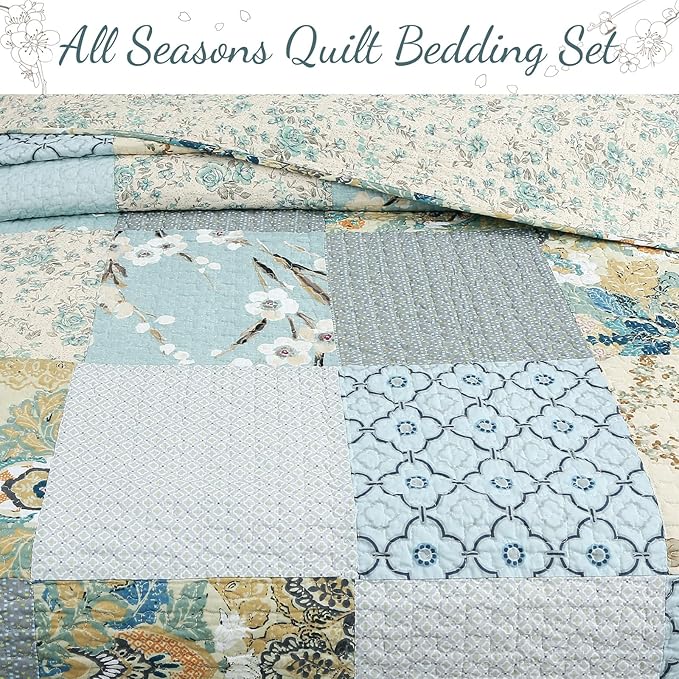Cozy Line Home Fashions 100% Cotton Classic Patchwork Bedding Quilt Set, Blue Gray Teal Taupe Bohemian Style Reversible Bedspread Coverlet (Carolina Bloom, Queen - 3 Piece)