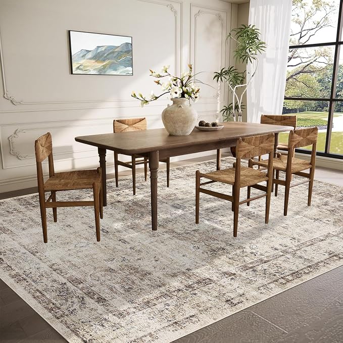 Washable Boho 10x13 Area Rug for Living Room Low Pile Soft Bedroom Rugs Non Slip Distressed Medal Print Large Indoor Carpet Thin Foldable Boho Vintage Carpet for Playroom Farmhouse, Brown