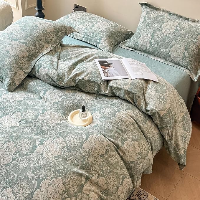VM VOUGEMARKET Jacquard Flower Duvet Cover King with 2 Pillow Shams,Sage Green Bedding Set,Soft Breathable Yarn-Dyed Cotton Comforter Cover with Zipper Closure-King