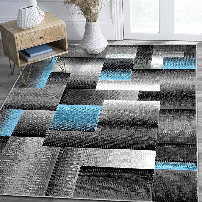 HR 5’ x 7’ Rug in Blue - Premium Quality Blue/Black/Gray Abstract Geometric Modern Squares Pattern Area Rug - Contemporary Styling for Living Room, Bedroom - Unique Home Décor