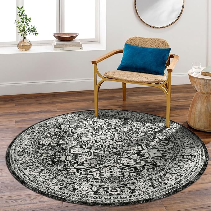 vivorug Round Rug 4ft Vintage-Inspired Round Area Rug Non-Slip Indoor Carpet for Living Room Bedroom Entryway, Stain Resistant Home Decor Circle Rug, Black and White