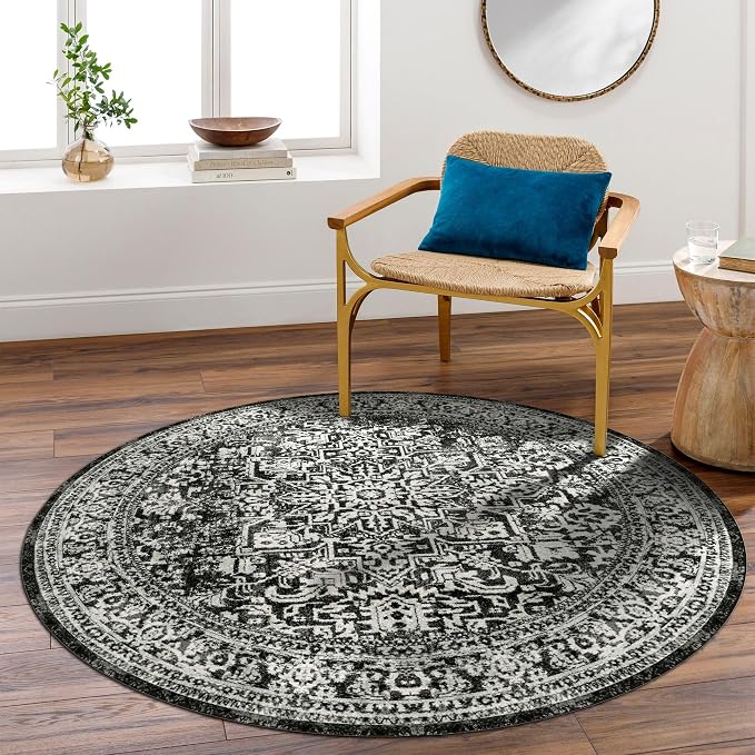 vivorug Round Rug 5ft Vintage-Inspired Round Area Rug Non-Slip Indoor Carpet for Living Room Bedroom Entryway, Stain Resistant Home Decor Circle Rug, Black and White