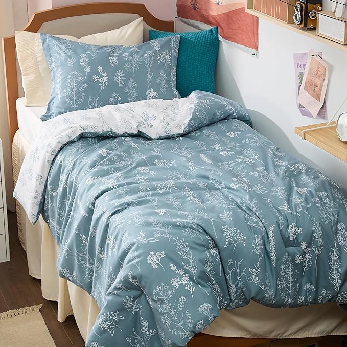 Bedsure Twin/Twin XL Comforter Set - Mineral Blue Bed Set, 2 Pieces Cute Floral Bedding, 1 Soft Reversible Botanical Flowers Comforter and 1 Pillow Sham