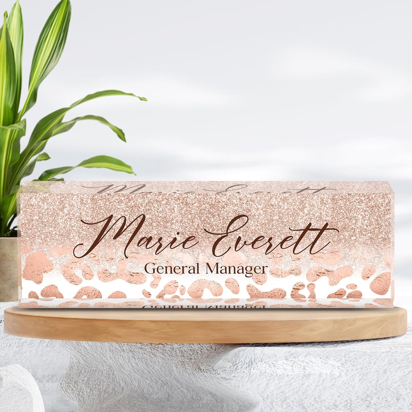 Skiennix Custom Name Plate - Personalized Desk Name Plate | Elegant A-Rose Gold Leopard Print Design