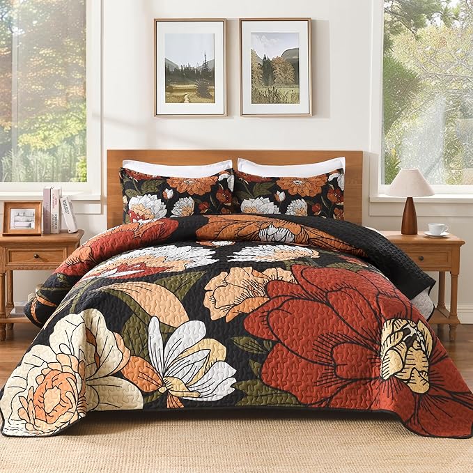 Andency Floral Boho Quilt Super King Plus Size Bedding Set Black, 3 Pieces Farmhouse Flower Botanical Summer Bedspreads with 2 Shams, Soft Reversible Microfiber Coverlet Set for All Season, 128"x120"