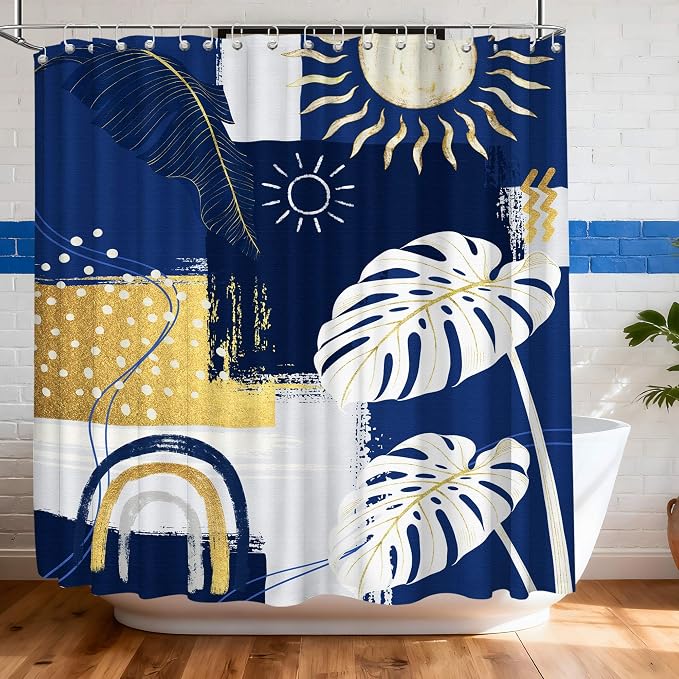 Extra Long Shower Curtain Extra Tall Blue and White XL Navy Blue and Gold Abstract Shower Curtains for Large Bathroom Decor Sets, Waterproof Cloth Fabric with Hooks, 108x72 Inch