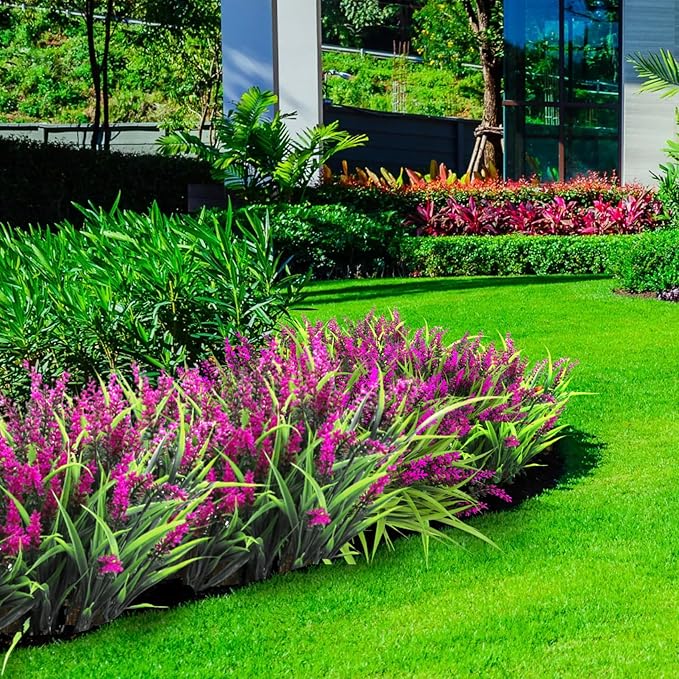 Ouddy Decor 24 Bundles Artificial Flowers for Outdoors, Fake Lavender Flowers Monkey Grass Faux Plastic Plants Shrubs UV Resistant for Porch Garden Window Box Office Home Decorations, Fuchsia