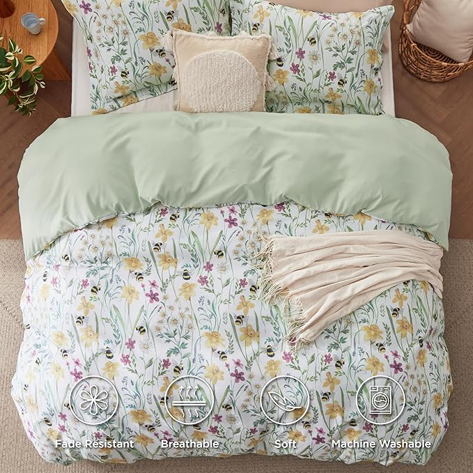 Bedsure Duvet Cover Queen Size - Reversible Floral Pattern Duvet Cover Set with Zipper Closure, 3 Pieces Green Bedding Set with 8 Corner Ties and 2 Pillow Shams 20"x26"