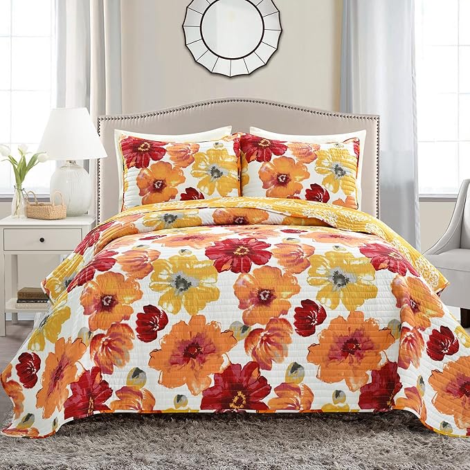 Lush Decor Leah Reversible Floral Quilt Set, 3 Piece Set, Full/ Queen, Red & Orange - Watercolor Botanical - Cottage Core - French Country Decor- Bedding Queen Size