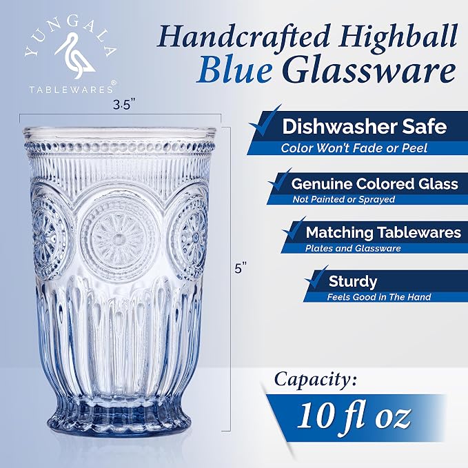 Blue Highball Glasses Set of 6 Tall Drinking Glasses 10 oz